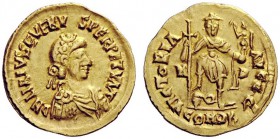 THE ROMAN EMPIRE 
 Libius Severus, 461 – 465 
 Solidus, Mediolanum 462, AV 4.45 g. Rosette-diademed, draped and cuirassed bust r. Rev. Emperor stand...