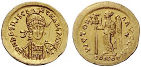 THE ROMAN EMPIRE 
 Basiliscus and Marcus joint reign, Autumn 475 – August 476 
 Solidus, Constantinopolis 475-476, AV 4.44 g. Helmeted, pearl-diadem...