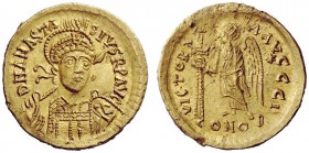 THE BYZANTINE EMPIRE 
 Anastasius I, 491 – 518 
 Solidus 497-518, AV 4.48 g. Helmeted, diademed and cuirassed bust three-quarters facing, holding sp...