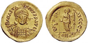 THE BYZANTINE EMPIRE 
 Anastasius I, 491 – 518 
 Solidus 497-518, AV 4.36 g. Helmeted, diademed and cuirassed bust three-quarters facing, holding sp...
