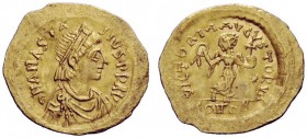 THE BYZANTINE EMPIRE 
 Anastasius I, 491 – 518 
 Tremissis 497-518, AV 1.46 g. Diademed, draped and cuirassed bust r. Rev. Victory advancing r., hea...