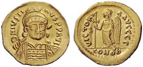 THE BYZANTINE EMPIRE 
 Justin I, 518 – 527 
 Solidus 518-519, AV 4.23 g. Helmeted, diademed and cuirassed bust three-quarters facing, holding spear ...