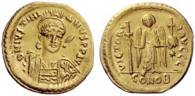 THE BYZANTINE EMPIRE 
 Justinian I, 527 – 565 
 Solidus 527-538, AV 4.12 g. Helmeted, diademed and cuirassed bust three-quarters facing, holding spe...