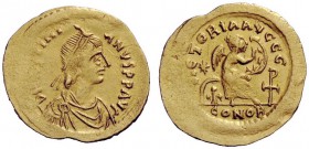 THE BYZANTINE EMPIRE 
 Justinian I, 527 – 565 
 Semissis 527-565, AV 2.24 g. Pearl-diademed and draped bust r. Rev. Victory seated right on cuirass;...