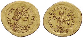 THE BYZANTINE EMPIRE 
 Justin II, 565 – 578 
 Tremissis 565-578, AV 1.48 g. Pearl-diademed and draped bust r. Rev. Victory advancing r., holding wre...