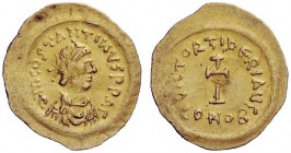 THE BYZANTINE EMPIRE 
 Tiberius II, 578 – 582 
 Tremissis 578-582, AV 1.49 g. Diademed, draped and cuirassed bust r. Rev. Cross potent. DO 7. MIBE 1...
