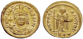 THE BYZANTINE EMPIRE 
 Maurice Tiberius, 582 – 602 
 Light weight solidus of 22 siliquae 582-602, AV 4.13 g. Cuirassed and draped bust facing, weari...
