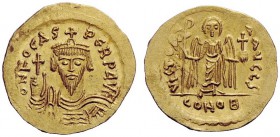THE BYZANTINE EMPIRE 
 Phocas, 602 – 610 
 Solidus 603-607, AV 4.42 g. Cuirassed bust facing, wearing crown surmounted by cross and paludamentum , h...