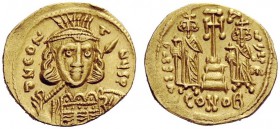 THE BYZANTINE EMPIRE 
 Constantine IV, Pogonatus 13 April 654 – 10 July 685 
 Solidus 668–673, AV 4.35 g. Beardless bust, three-quarters facing, wea...