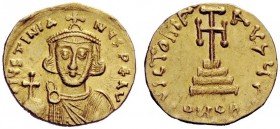 THE BYZANTINE EMPIRE 
 Justinian II, first reign 685 – 695 
 Solidus 687-692, AV 4.31 g. Diademed and draped bust facing, holding globus cruciger . ...