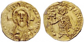 THE BYZANTINE EMPIRE 
 Justinian II, first reign 685 – 695 
 Tremissis circa 692-695, AV 1.38 g. Bust of Christ facing, cross behind head. Rev. Just...