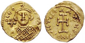 THE BYZANTINE EMPIRE 
 Leontius, 695-698 
 Tremissis circa 695-698, AV 1.22 g. Bearded bust facing, wearing loros and crown and holding globus cruci...