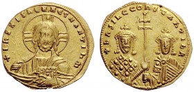 THE BYZANTINE EMPIRE 
 Basil II Bulgaroctonos, 976-1025 
 Histamenon nomisma 977-989, AV 4.14 g. Facing bust of Christ nimbate. Rev. Facing crowned ...