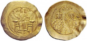 THE BYZANTINE EMPIRE 
 John II Comnenus, 1118-1143 
 Hyperpyron 1118-1122, AV 4.29 g. Christ, nimbate, seated facing on backless throne. Rev. John o...