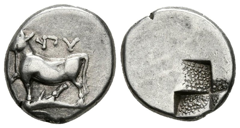 BYZANTION. Thracia. Tetróbolo. 411-386 a.C. A/ Vaca marchando a izquierda sobre ...