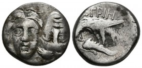 ISTROS, Moesia. 400-350 a.C. A/ Dos cabezas de jóvenes masculinos enfrentados (¿Dioscuros?), una junto a la otra en posición vertical invertidas. R/ A...