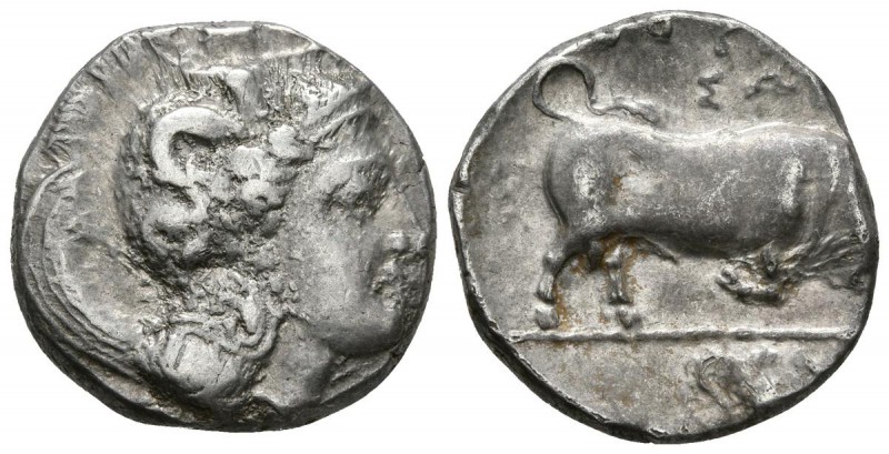 LUCANIA, Thourioi. Estátera. 400-350 a.C. A/ Athenea a derecha con Skylla en el ...