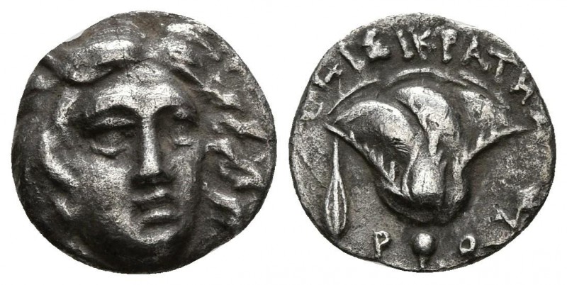 RHODOS, Rhodas. Hemidracma. 205-190 a.C. Peisikrates. A/ Cara de Helios ligerame...