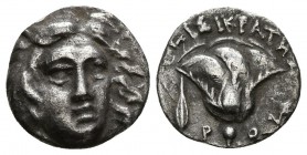 RHODOS, Rhodas. Hemidracma. 205-190 a.C. Peisikrates. A/ Cara de Helios ligeramente a derecha. R/ Rosa, yema a su derecha y a su izquierda punta de la...