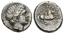 REINO DE MACEDONIA. A nombre de Philippo II. 1/5 Tetradracma. 323-315 a.C. Amphipolis. A/ Busto diademado de Apolo a derecha. R/ Joven desnudo montand...