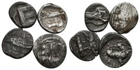 SIDON. Conjunto de 4 monedas. Sakon I. 1/16 Shekel. 425-401 a.C. (2) y Sakon II. 1/16 Shekel. 341-332 a.C. (2). Ar. MBC-/MBC+. A EXAMINAR.