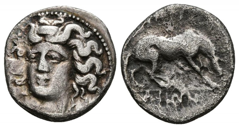 THESSALIA, Larissa. Dracma. 356-342 a.C. A/ Cabeza de la ninfa Larissa girada le...