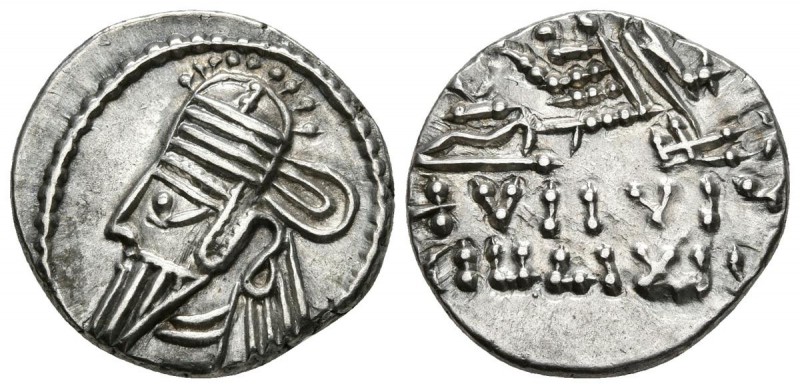 ORODES II. Dracma.190 a.C. Ekbatana (Reino Parto). A/ Busto diademado con tiara ...