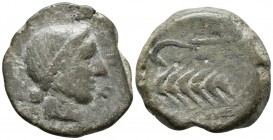 ABRA. As. 120-20 a.C. Porcuna (Jaén). A/ Cabeza femenina a derecha, alrededor OTuBoTuKi. R/ Arado y espiga, encima TaKiSNIS. FAB-28. Ae. 25,78g. BC+. ...