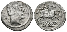 ARECORATAS. Denario. 150-20 a.C. Agreda (Soria). A/ Cabeza masculina a derecha, detrás letra ibérica Cu. R/ Jinete con lanza a derecha (un sólo pie vi...