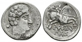 ARECORATAS. Denario. 150-20 a.C. Agreda (Soria). A/ Cabeza masculina a derecha, detrás glóbulo. R/ Jinete con lanza a derecha, debajo leyenda ibérica ...