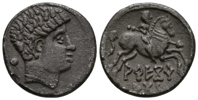 ARECORATAS. Denario. 150-20 a.C. Agreda (Soria). A/ Cabeza masculina a derecha, ...