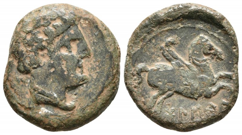 BOLSCAN. Semis. 180-20 a.C. Huesca. A/ Cabeza masculina a derecha, detrás letra ...
