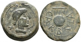 CARBULA. As. 50 a.C. Almodóvar del río (Córdoba). A/ Cabeza femenina a derecha, delante serpiente, detrás marca X. R/ Lira, alrededor leyenda circular...