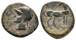 CARTAGONOVA. 1/2 Calco. 220-215 a.C. Cartagena (Murcia). A/ Cabeza de Ares a izquierda. R/ Caballo parado a derecha, con la cabeza vuelta. FAB-517. Ae...