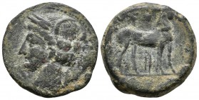CARTAGO. Shekel. 215-201 a.C. Zeugitania. A/ Cabeza de Tanit a izquierda. R/ Caballo parado a derecha, detrás palmera y entre las patas letra zayín gr...