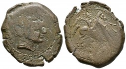 ILTIRCESCEN. As. 120-20 a.C. Solsona (Lleida). A/ Cabeza masculina a derecha, detrás palma de hojas abiertas y terminada en círculo. R/ Jinete con pal...