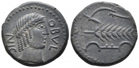 OBULCO. As. 220-20 a.C. Porcuna (Jaén). A/ Cabeza de Apolo con láurea a derecha, delante OBVL, detrás NIG. R/ Arado, espiga y yugo. FAB-1789. Ae. 11,8...
