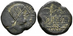 OBULCO. As. 220-20 a.C. Porcuna (Jaén). A/ Cabeza femenina con collar a derecha, delante interna OBVLCO. R/ Arado y espiga a izquierda, entre ellos, e...
