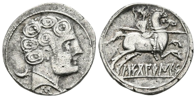 SECOBIRICES. Denario. 120-30 a.C. Saelices (Cuenca). A/ Cabeza masculina a derec...