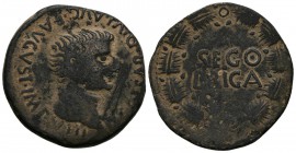 SEGOBRIGA. As. Epoca de Tiberio. 14-36 a.C. Saelices (Cuenca). A/ Cabeza de Tiberio a derecha, alrededor leyenda TI CAESAR DIVI AVG F AVGVST IMP V III...