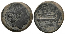 ACUÑACIONES ANONIMAS. Semiuncia. 217-215 a.C. Roma. A/ Cabeza de Mercurio con ligero drapeado y petasus a derecha. R/ Proa a derecha, sobre ella ROMA....