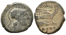 ACUÑACIONES ANONIMAS. Triens. 211 a.C. Roma. A/ Cabeza de Minerva a derecha, encima cuatro puntos. R/ Proa a derecha, sobre esta ROMA y debajo cuatro ...
