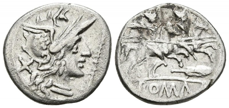 ACUÑACIONES ANONIMAS. Denario. 206-200 a.C. Roma. A/ Busto de Roma a derecha, de...