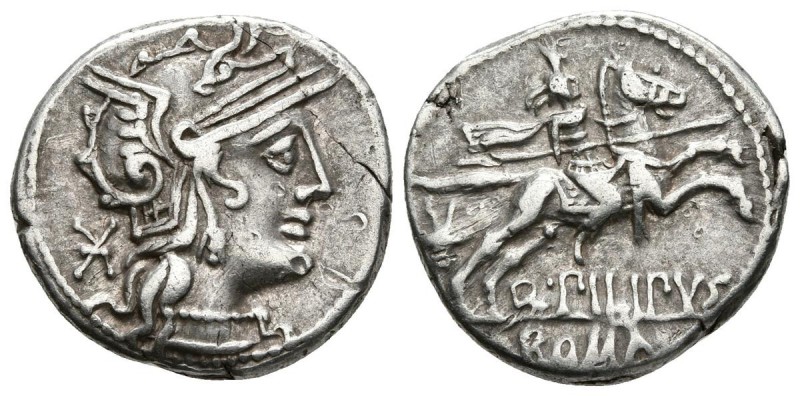 Q. MARCIUS PHILIPUS. Denario. 129 a.C. Roma A/ Cabeza de Roma a derecha, detrás ...