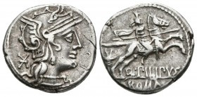 Q. MARCIUS PHILIPUS. Denario. 129 a.C. Roma A/ Cabeza de Roma a derecha, detrás signo de valor X. R/ Jinete con yelmo macedonio y lanza al galope, det...