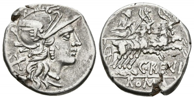 C. RENIUS. Denario. 138 a.C. Roma A/ Cabeza de Roma a derecha, detrás signo de v...