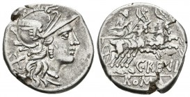 C. RENIUS. Denario. 138 a.C. Roma A/ Cabeza de Roma a derecha, detrás signo de valor X. R/ Juno en biga a derecha, tirada por machos cabríos. Leyenda ...