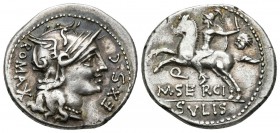 M. SERGIUS SILUS. Denario. 116-115 a.C. Roma. A/ Busto de Roma a derecha, detrás signo de valor ROMA EX S C. R/ Guerrero cabalgando a izquierda con es...