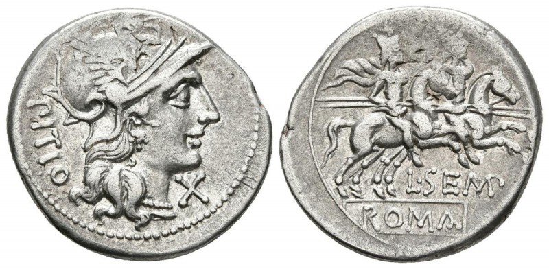 L. SEMPRONIUS PITIO. Denario. 138 a.C. Roma A/ Cabeza de Roma a derecha, delante...