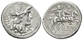 L. SEMPRONIUS PITIO. Denario. 138 a.C. Roma A/ Cabeza de Roma a derecha, delante signo de valor X, detrás PITIO. R/ Los Dioscuros cabalgando a derecha...